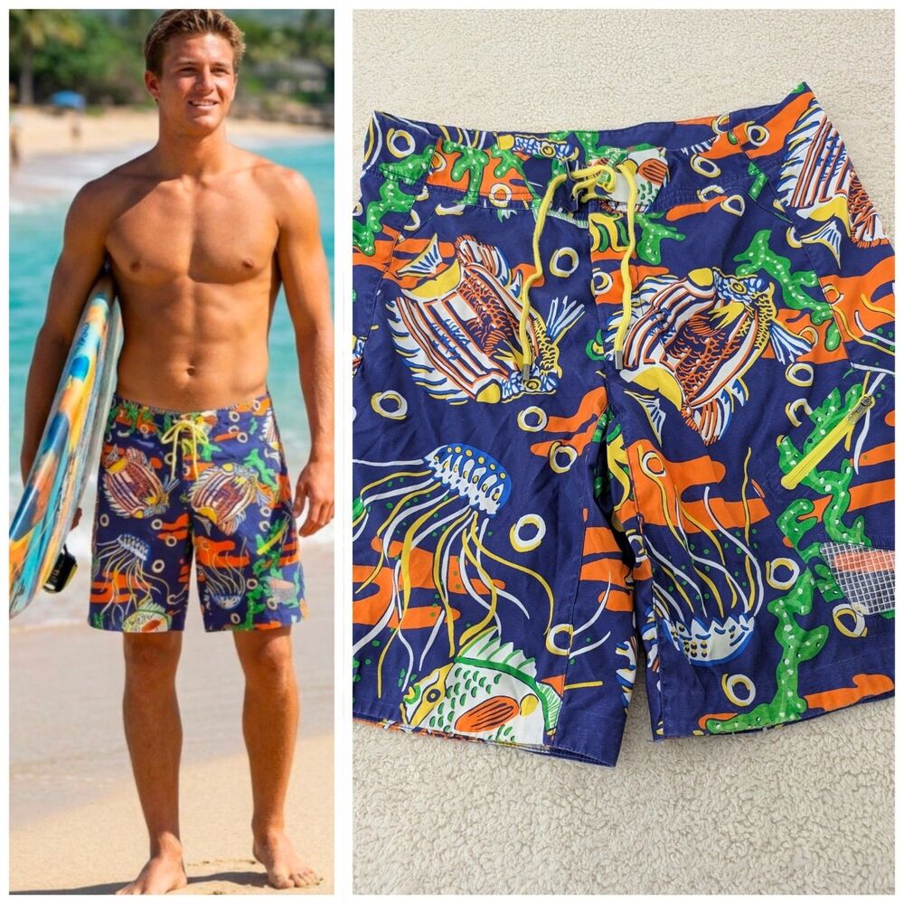RLX Ralph Lauren 36" Lg Board Shorts/Trunks Bright Fish/Coral Print Zip Pocket